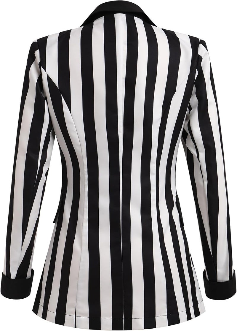 OBEEII Womens Black and White Striped Blazer Long Sleeve Single-Breasted Button Vertical Striped Blazer Office Work Jacket - Image 3